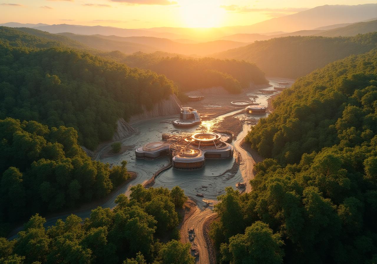 Aerial view of a sustainable mining site integrated with nature
